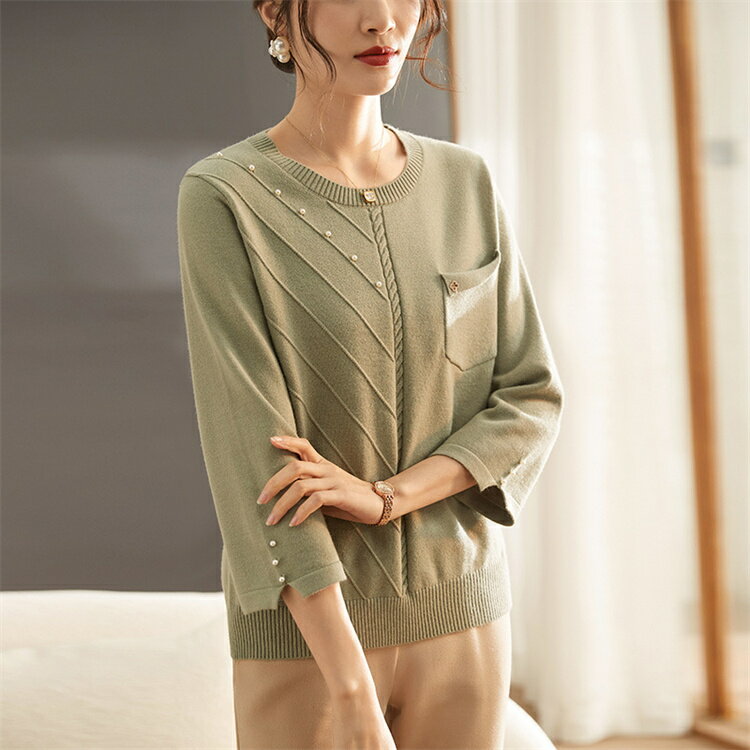 トップス ニット レディース 秋 7分袖 七分袖 ニットトップス ボリュームスリーブ クルーネック七分袖ニットトップス レディース ニット セーター トップスニット ベーシック 4色