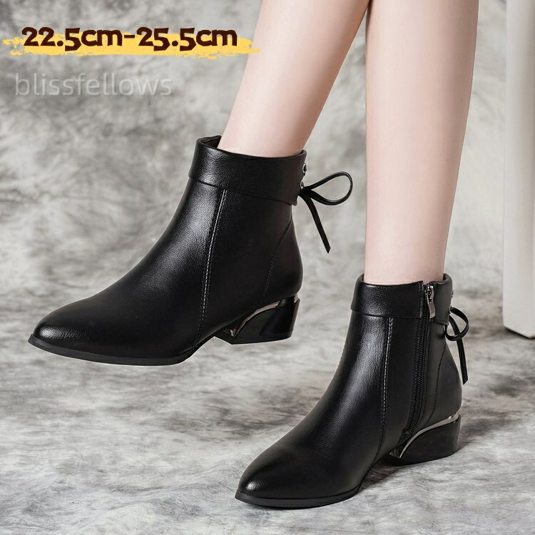 送料無料ブーツ 3cmヒール ショートブーツ 秋冬 レディース サイドジップ ショート 防滑 防寒 甲高 幅広 黒 太ヒール 疲れない 歩きやすい ローヒール 本革風 痛くない 大きいサイズ きれいめ22.5cm　25.5cm