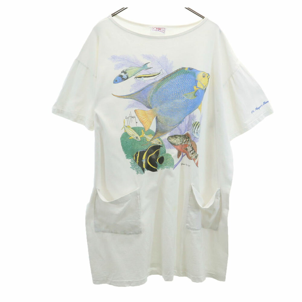 古着 TSFSPORTSWEAR 90s USA製 オールド プリント 半袖 シャツワンピース F ホワイト レディース 【中古】