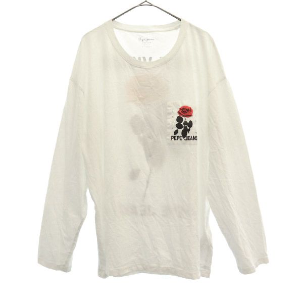 ペペジーンズ プリント 長袖 Tシャツ M ホワイト pepe jeans ローズ 薔薇 メンズ   メール便可