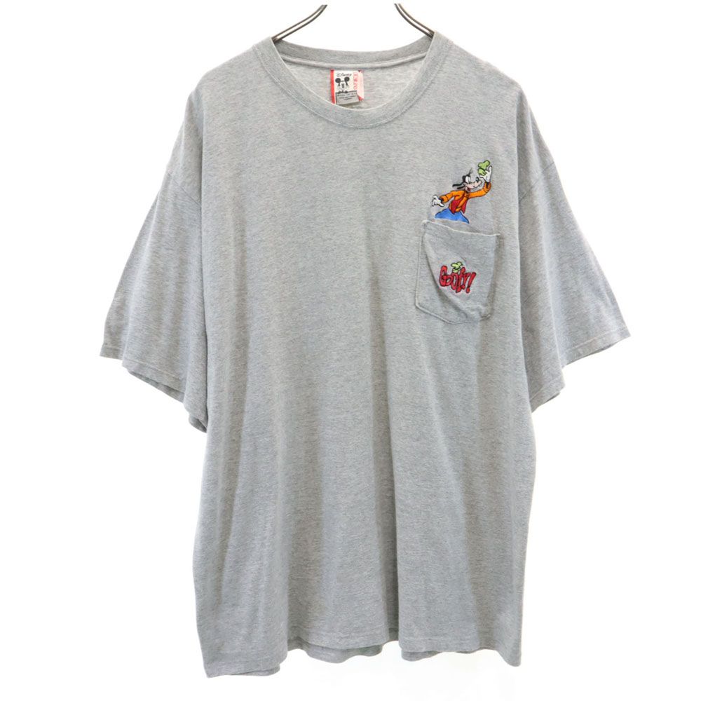 Character - 古着 Disney ディズニー 90s USA製 オールド 刺繍 グーフィー 半袖 Tシャツ L/XL グレー ポケT メンズ 【中古】 【PD】