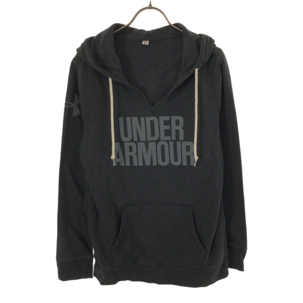 古着 アンダーアーマー UNDER ARMOUR ロゴプリント 長袖 スウェットパーカー MD ブラック プルオーバー トレーナー 裏起毛 メンズ 【中古】