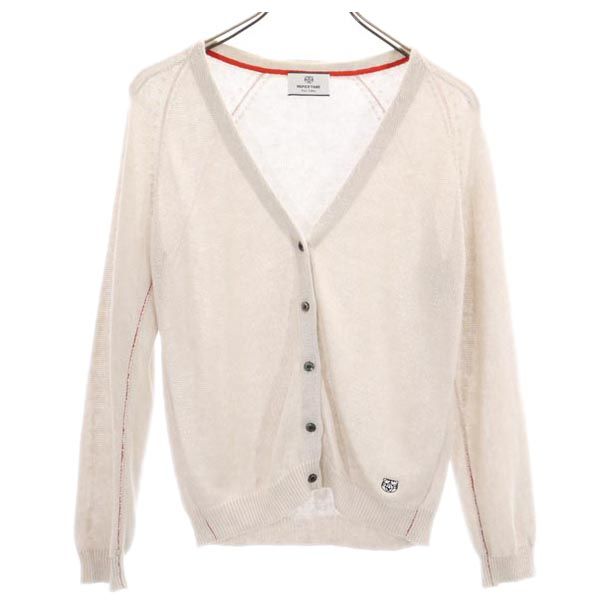 古着 パピエ ティグル PAPIER TIGRE ロゴ刺繍 長袖 リネンニット カーディガン S ベージュ ワンポイント レディース 【中古】