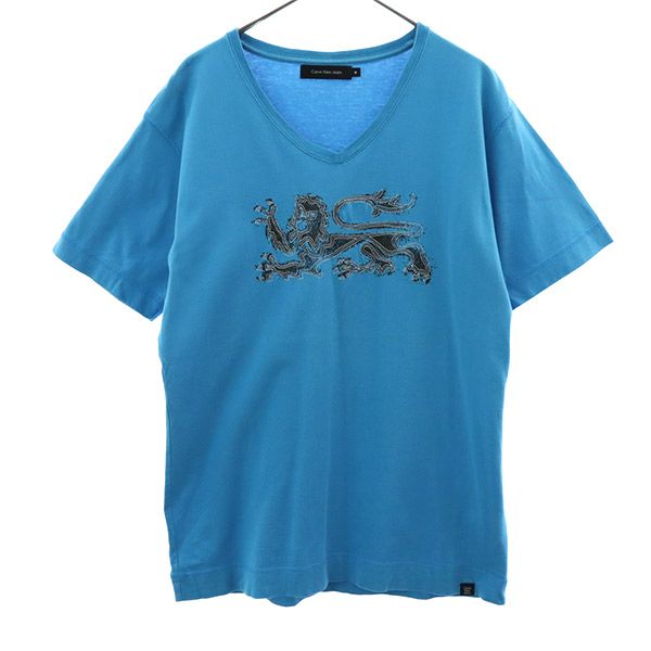 カルバンクラインジーンズ 刺繍 半袖 Tシャツ M ブルー Calvin Klein Jeans プリント メンズ 【中古】 【230816】 メール便可