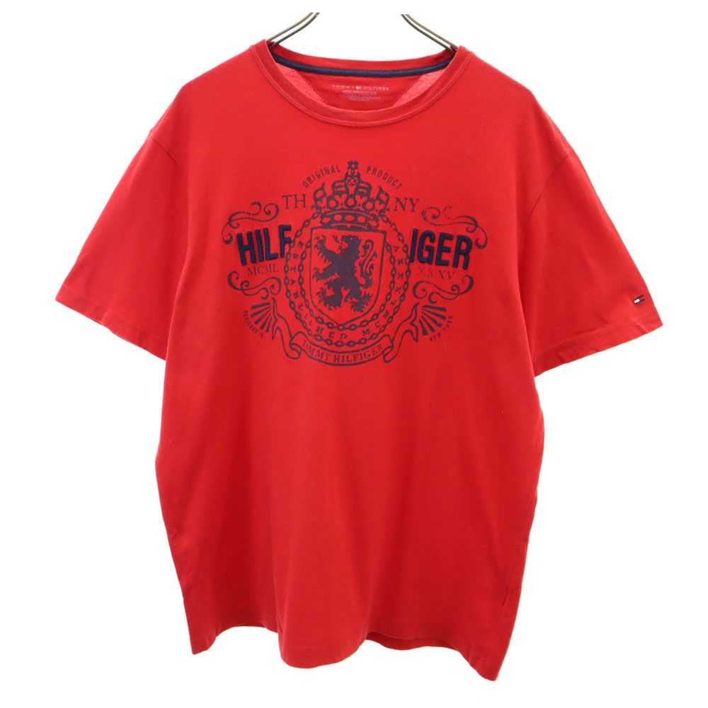 トミーヒルフィガー プリント 半袖 Tシャツ XXL レッド系 TOMMY HILFIGER ビッグサイズ メンズ 【中古】 【240504】 メール便可