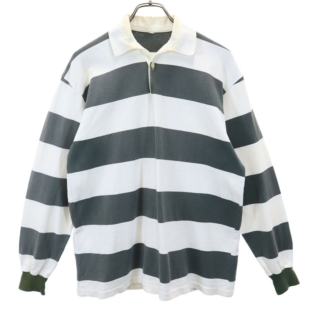 古着 日本製 ボーダー柄 ラグビー 長袖 ラガーシャツ M グリーン系×ホワイト ジャージ メンズ 【中古】