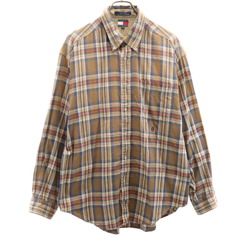 樂天商城 - 古着 TOMMY HILFIGER トミーヒルフィガー 90s オールド フラッグタグ チェック柄 長袖 ボタンダウンシャツ XL ブラウン系 メンズ 【中古】 【PD】