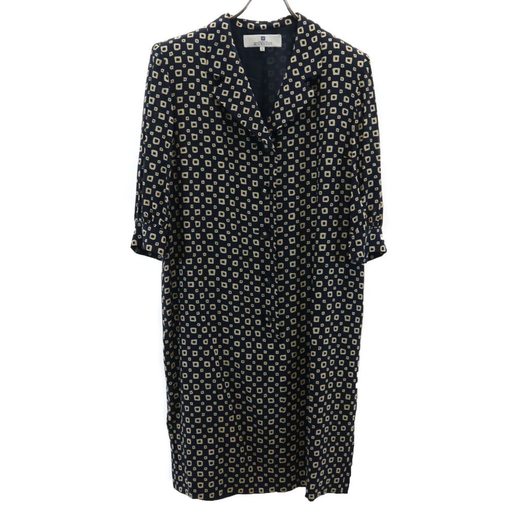 古着 GIVENCHY ジバンシィ 90s 日本製 シルク100% オールド 総柄 5分袖 シャツワンピース 15 ネイビー系 レディース 【中古】 【PD】