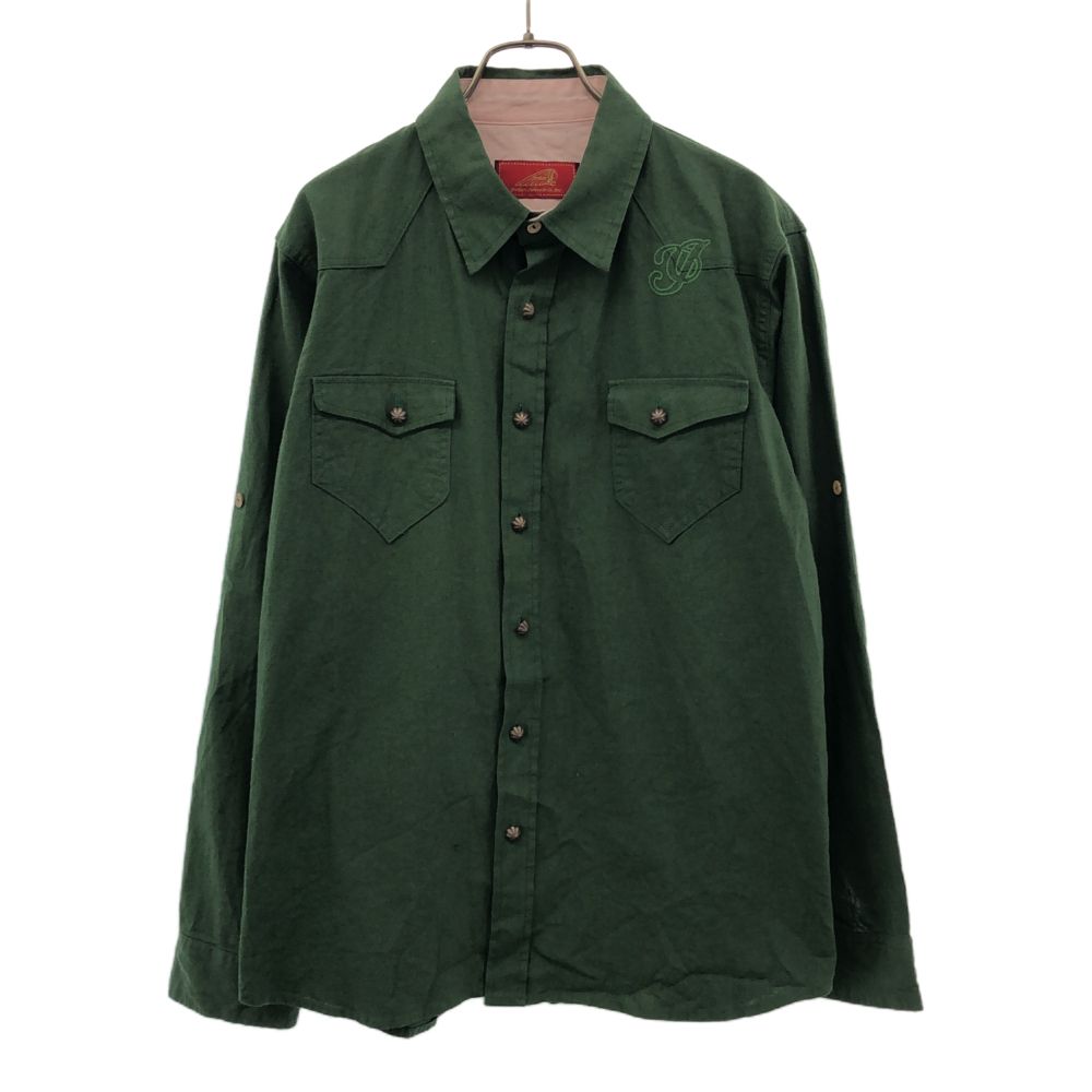 Western Shirt - 古着 Indian インディアン リネンブレンド 長袖 ウエスタンシャツ L カーキ メンズ 【中古】