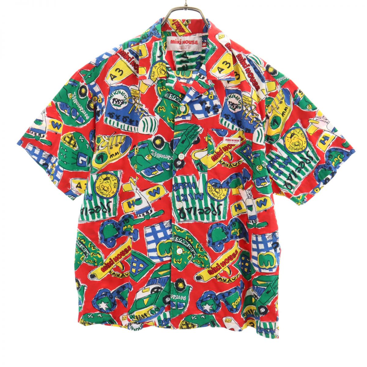 古着 mikihouse ミキハウス 日本製 総柄 半袖 オープンカラーシャツ M レッド系 メンズ 【中古】 【PD】
