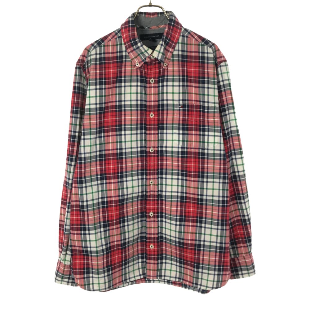 Rakuten - 古着 TOMMY HILFIGER トミーヒルフィガー チェック柄 長袖 ボタンダウンシャツ L レッド系 メンズ 【中古】