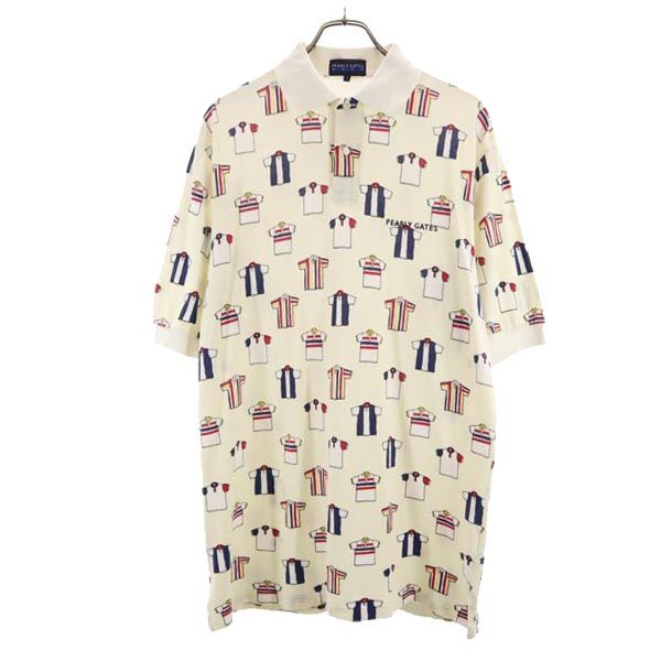 パーリーゲイツ 日本製 ゴルフウェア 2 ホワイト系 PEARLY GATES 総柄 半袖ポロシャツ 鹿の子 ロゴ刺繍 メンズ 【中古】 【230618】 メール便可