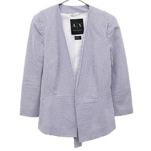 古着 ARMANI EXCHANGE アルマーニエクスチェンジ ストライプ シアサッカー ノーカラージャケット 4 ブルー×ホワイト レディース 【中古】 【PD】 古着 ARMANI EXCHANGE アルマーニエクスチェンジ ストライプ シアサッカー ノーカラージャケット 4 ブルー×ホワイト レディース 【中古】 【PD】