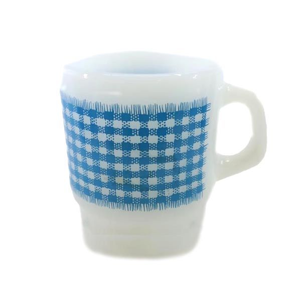 ファイヤーキング 60s 70s USA製 ギンガムチェック ミルクガラス マグ ホワイト Fire-King メンズ 【中..