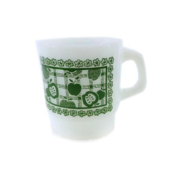 ファイヤーキング 60s 70s USA製 リンゴ柄 ミルクガラス マグ ホワイト Fire-King アップルオンザマッ..