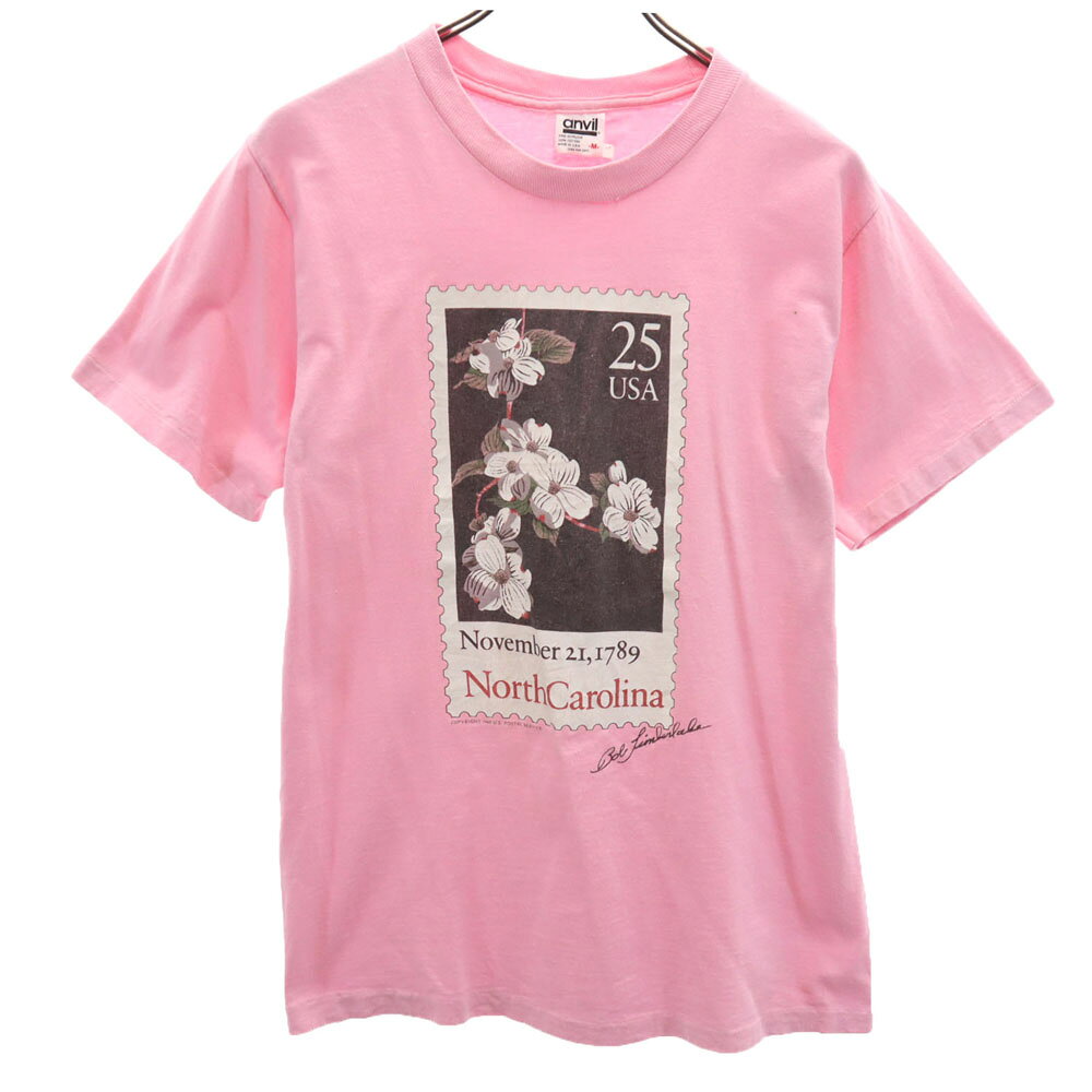 古着 anvil アンヴィル 80s USA製 半袖 シングルステッチ Tシャツ M ピンク 切手 花 オールド ヴィンテージ メンズ 【中古】 【PD】