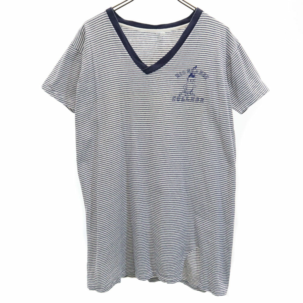 古着 Velva Sheen ベルバシーン 60s ボーダー 半袖 Vネック Tシャツ L 白×紺 オールド ヴィンテージ メンズ 【中古】 【PD】