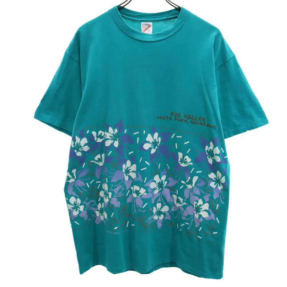 古着 JERZEES ジャージーズ 90s USA製 オールド 花柄 半袖 Tシャツ L エメラルドグリーン メンズ 【中古】