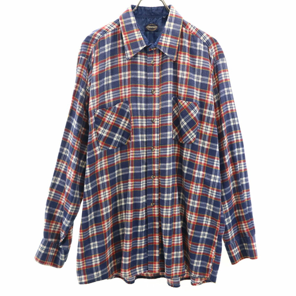 乐天商城 - 古着 TOWNCRAFT タウンクラフト 80s ヴィンテージ 長袖 チェックシャツ XL ネイビー 他 メンズ 【中古】 【PD】