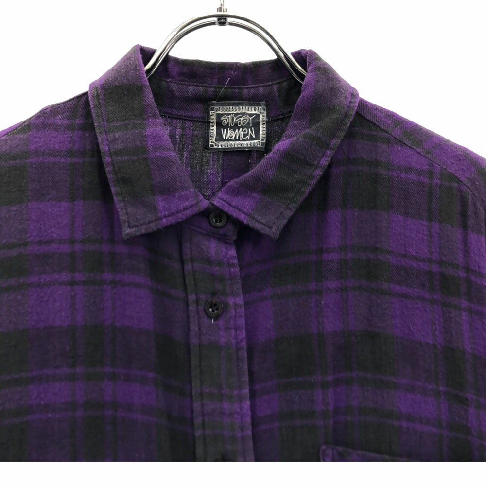 古着 STUSSY WOMEN ステューシー ウーマン チエック柄 半袖 バックオープン ネル シャツワンピース S パープル×ブラック レディース 【中古】