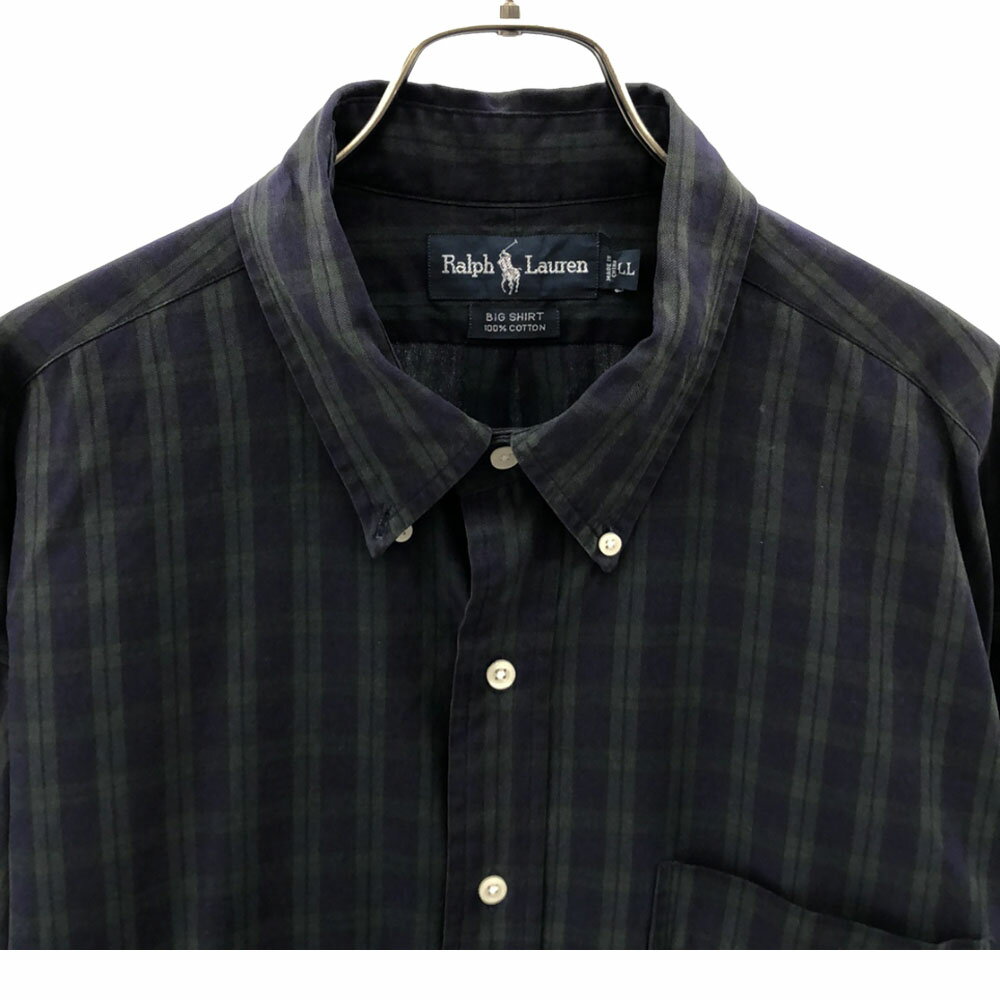 古着 RALPH LAUREN ラルフローレン BIG SHIRT チェック柄 ロゴ刺繍 長袖 ボタンダウンシャツ LL ネイビー系 ビッグシャツ メンズ 【中古】