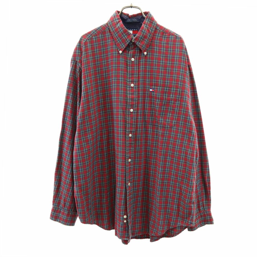 古着 TOMMY HILFIGER トミーヒルフィガー 90s オールド フラッグタグ チェック柄 長袖 ボタンダウンシャツ L レッド メンズ 【中古】