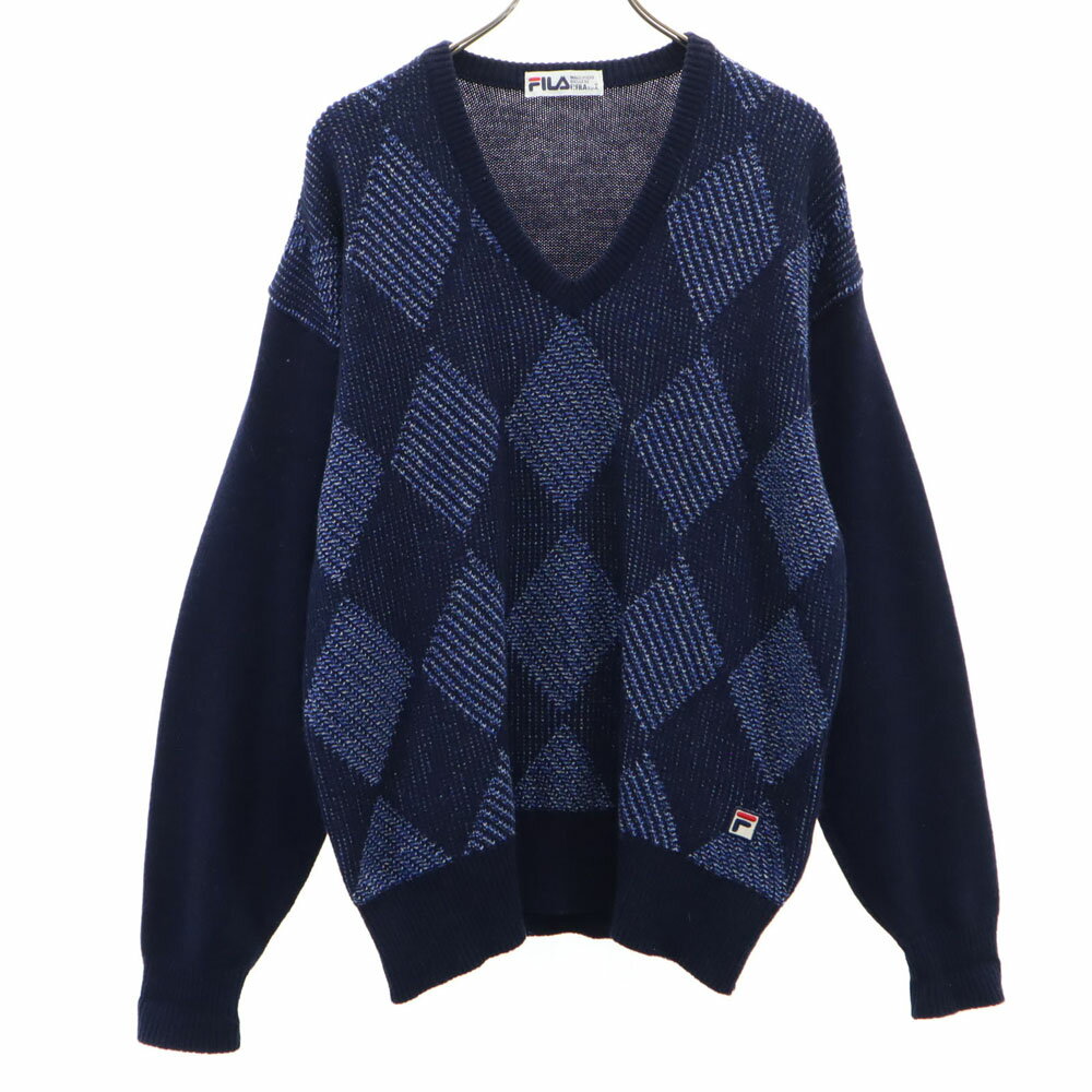 古着 FILA フィラ 90s ウールブレンド オールド アーガイル柄 長袖 Vネック セーター ネイビー系 ニット メンズ 【中古】 【PD】