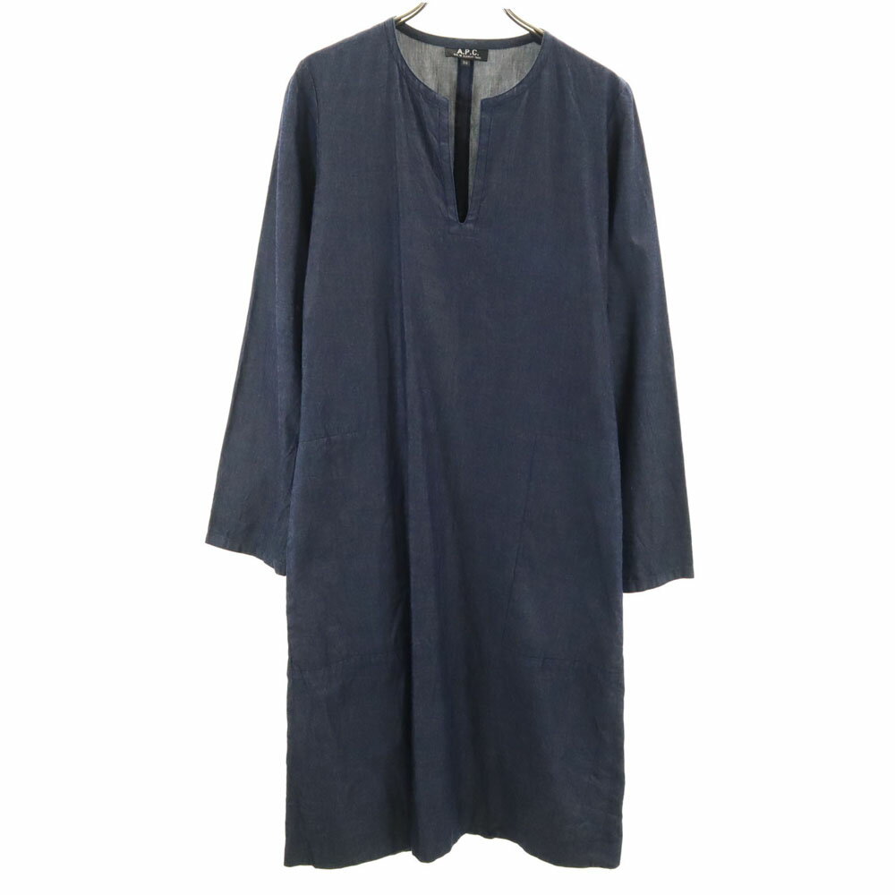 古着 A.P.C. アーペーセー 日本製 長袖 スキッパーカラー シャンブレー ワンピース 36 ネイビー レディース 【中古】 【PD】