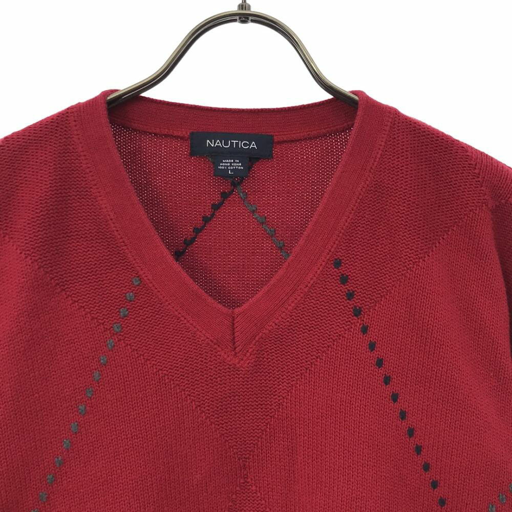 古着 NAUTICA ノーティカ アーガイル 長袖 コットン ニット L レッド系 セーター メンズ 【中古】 【PD】