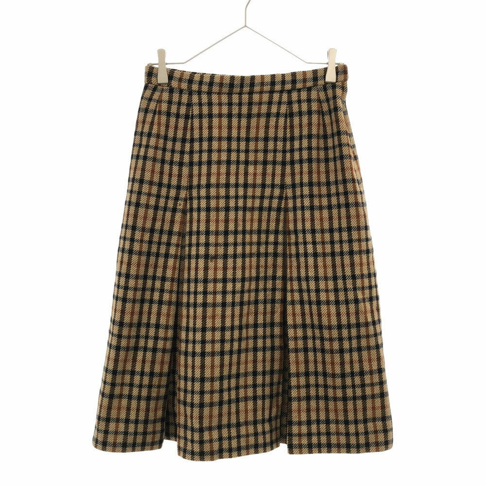 樂天商城 - 古着 DAKS ダックス ウールブレンド チェック柄 ミディ丈 プリーツスカート 66-92 ブラウン系 裏地付き サイドジップ レディース 【中古】