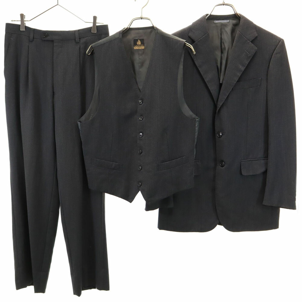 古着 ランバン クラシック LANVIN CLASSIQUE 90s オールド ストライプ ヘリンボーン柄 3ピース スーツ 上下 セットアップ 48 チャコールグレー メンズ 【中古】 【PD】