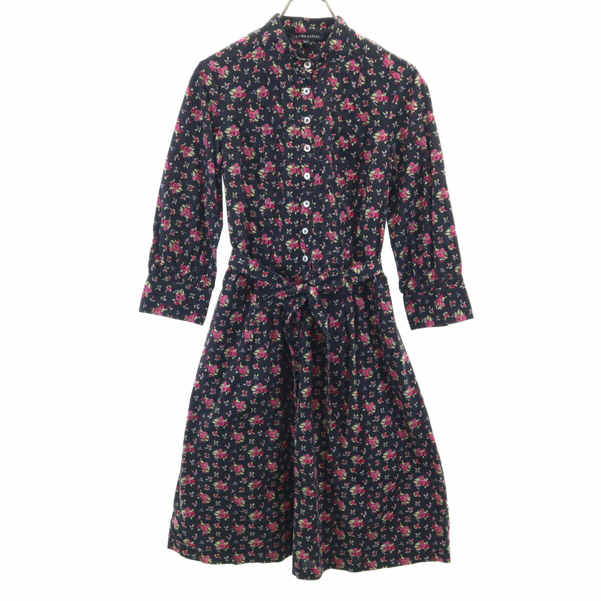 古着 ローラアシュレイ Laura Ashley 花柄 7分袖 スタンドカラー シャツワンピース 9 黒系 レディース 【中古】
