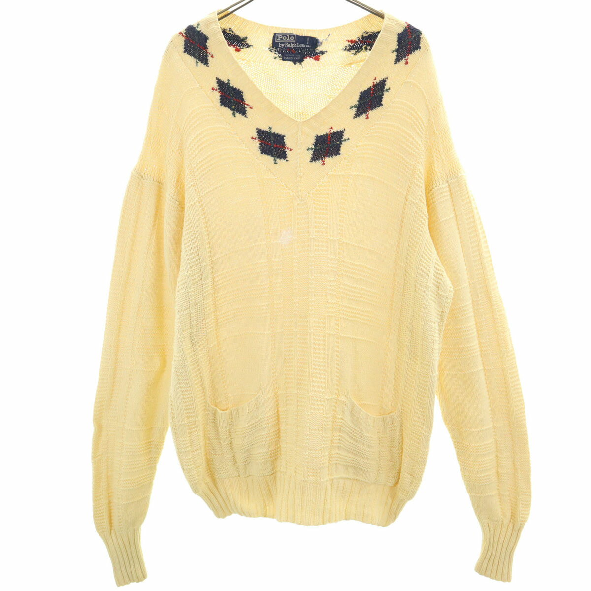 古着 Polo by Ralph Lauren ポロバイラルフローレン 90s オールド ハンドニット アーガイル柄 長袖 Vネック ニット M イエロー メン...