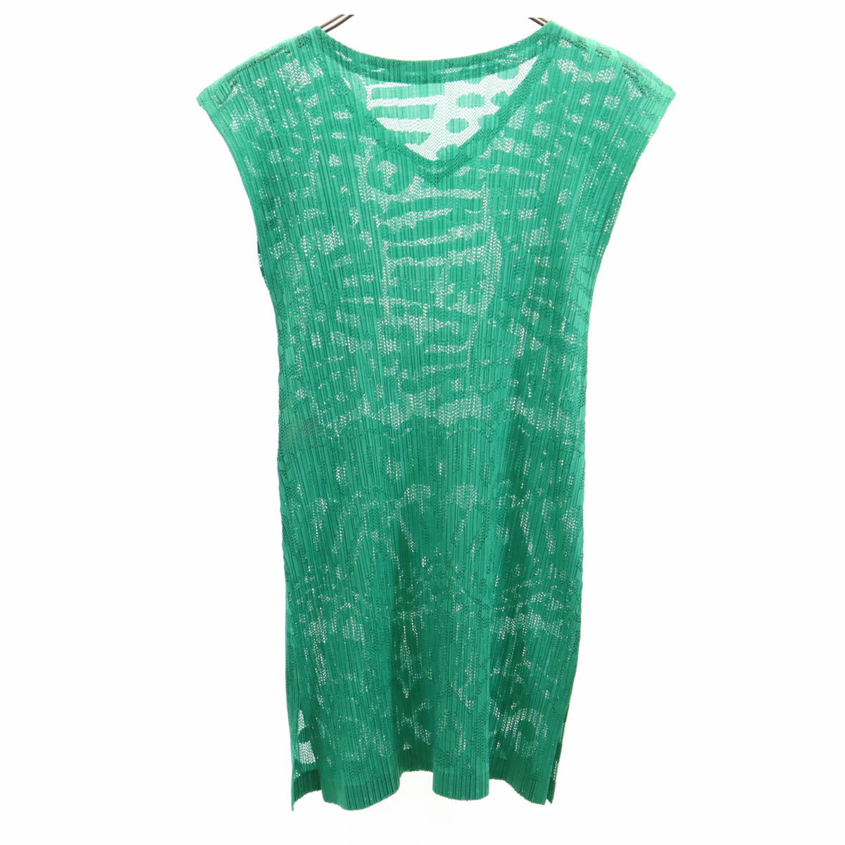 古着 PLEATS PLEASE プリーツプリーズ 日本製 総柄 ノースリーブ プリーツ カットソー 4 グリーン イッセイミヤケ メッシュ メンズ 【中古】 【PD】