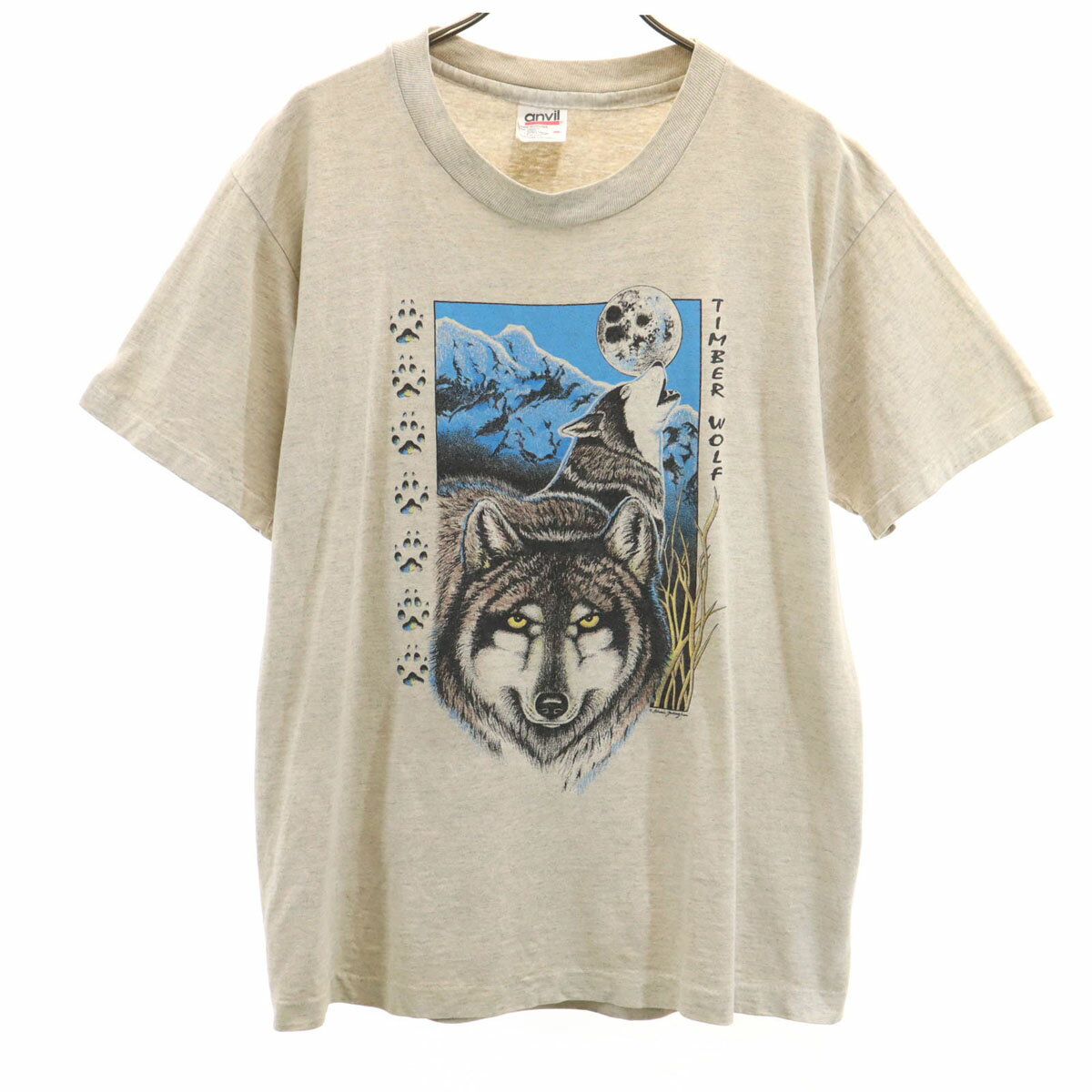 古着 anvil アンヴィル 90s USA製 オールド オオカミ プリント 半袖 Tシャツ M グレー系 シングルステッチ アニマル柄 メンズ 【中古】 【PD】