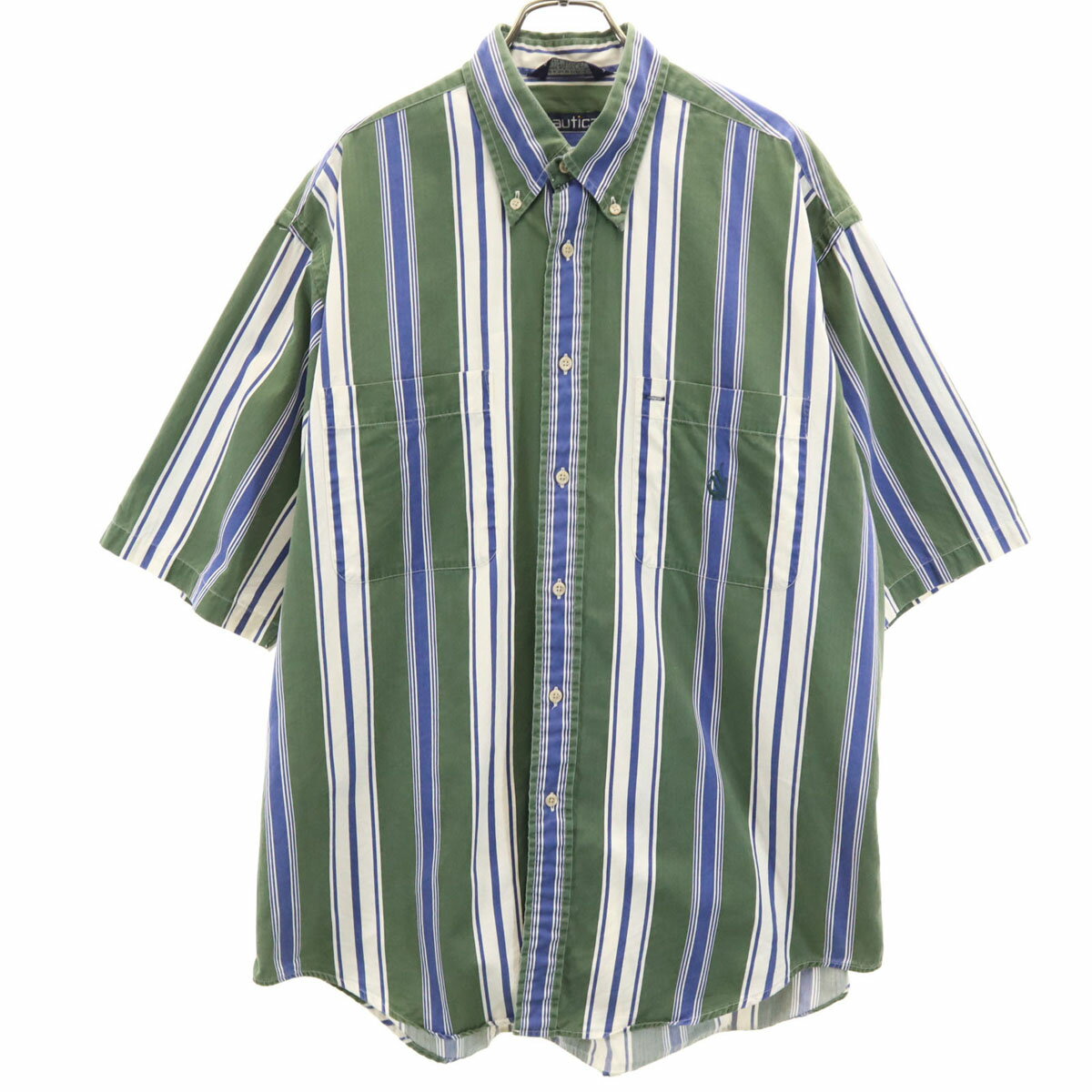 古着 NAUTICA ノーティカ 90s USA製 オールド ストライプ柄 半袖 ボタンダウンシャツ L グリーン メンズ 【中古】