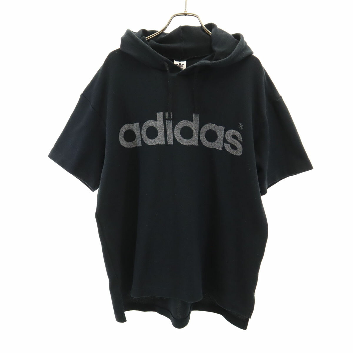 古着 adidas アディダス 80s 日本製 ヴィンテージ 半袖 パーカー M-L ブラック デサント メンズ 【中古】