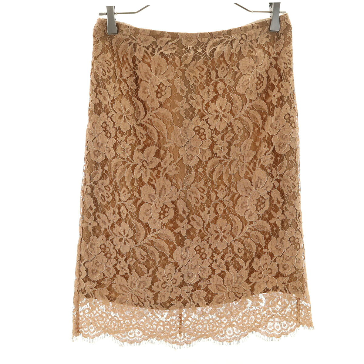 古着 EFFE BEAMS エッフェ ビームス 日本製 ミディ丈 総レース タイトスカート 38 ブラウン レディース 【中古】