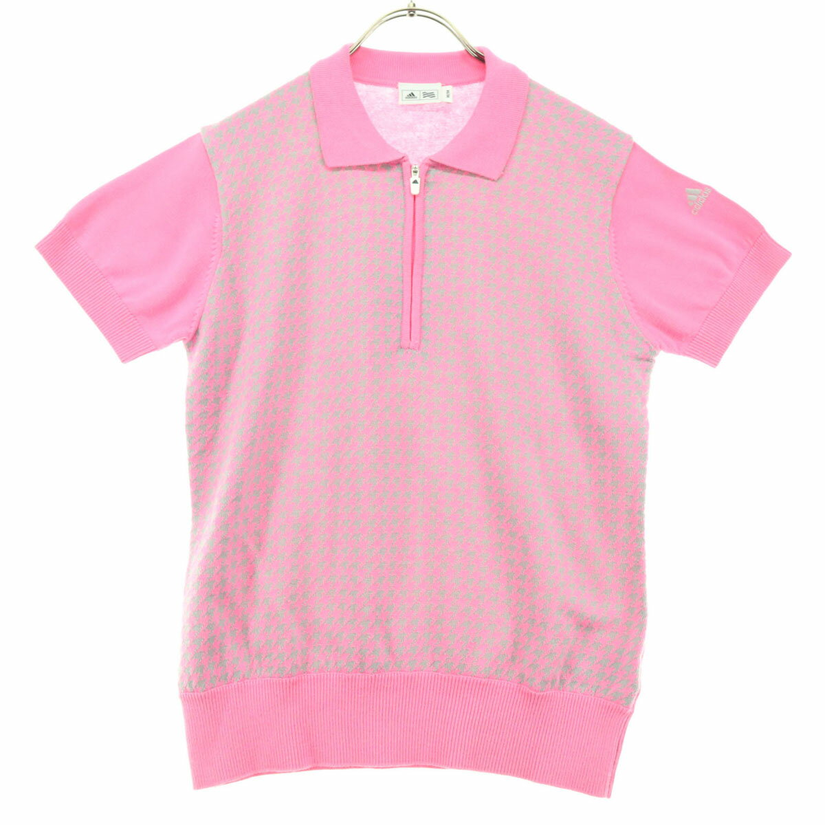 古着 美品 adidas アディダス 千鳥柄 ゴルフ 半袖 ハーフジップ ポロシャツ M ピンク レディース 【中古】 【PD】