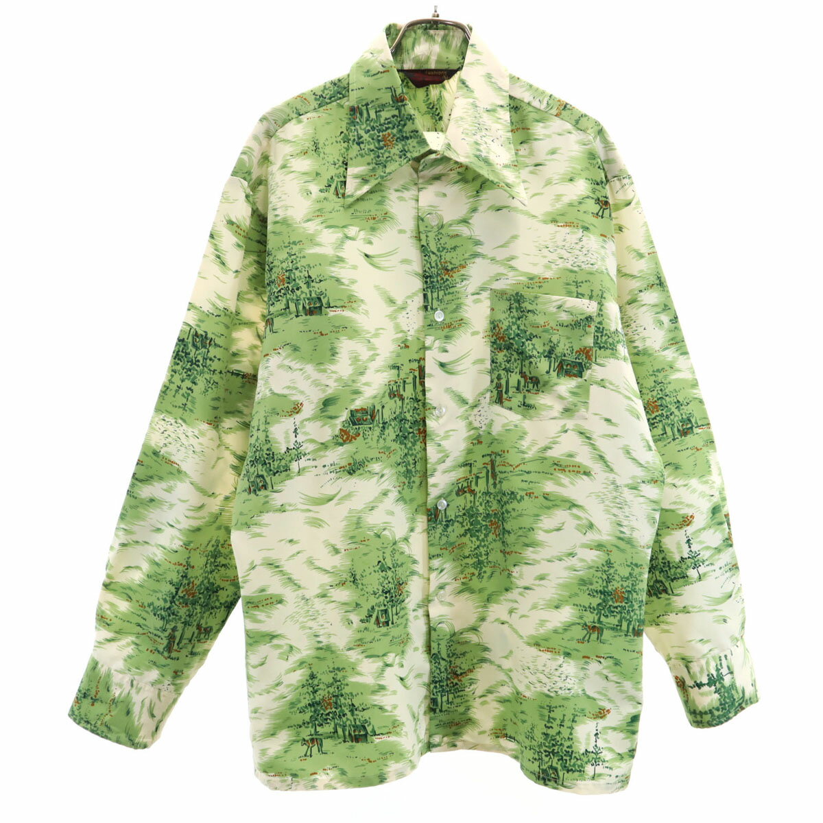 古着 NuLook Fashions 70s ヴィンテージ 風景プリント 長袖 シャツ L 黄緑 メンズ 【中古】(4)