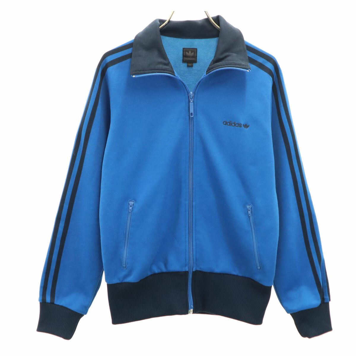 古着 adidas アディダス トレフォイルロゴ刺繍 トレーニング トラックジャケット L 青 ジャージ 3ライン レディース 【中古】のサムネイル