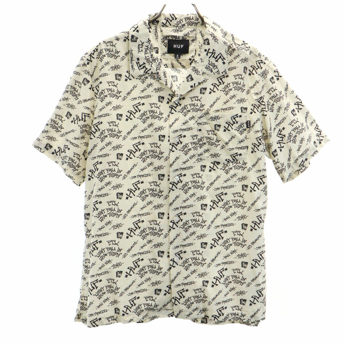 古着 HUF ハフ 日本製 総柄 半袖 オープンカラーシャツ S アイボリー メンズ 【中古】