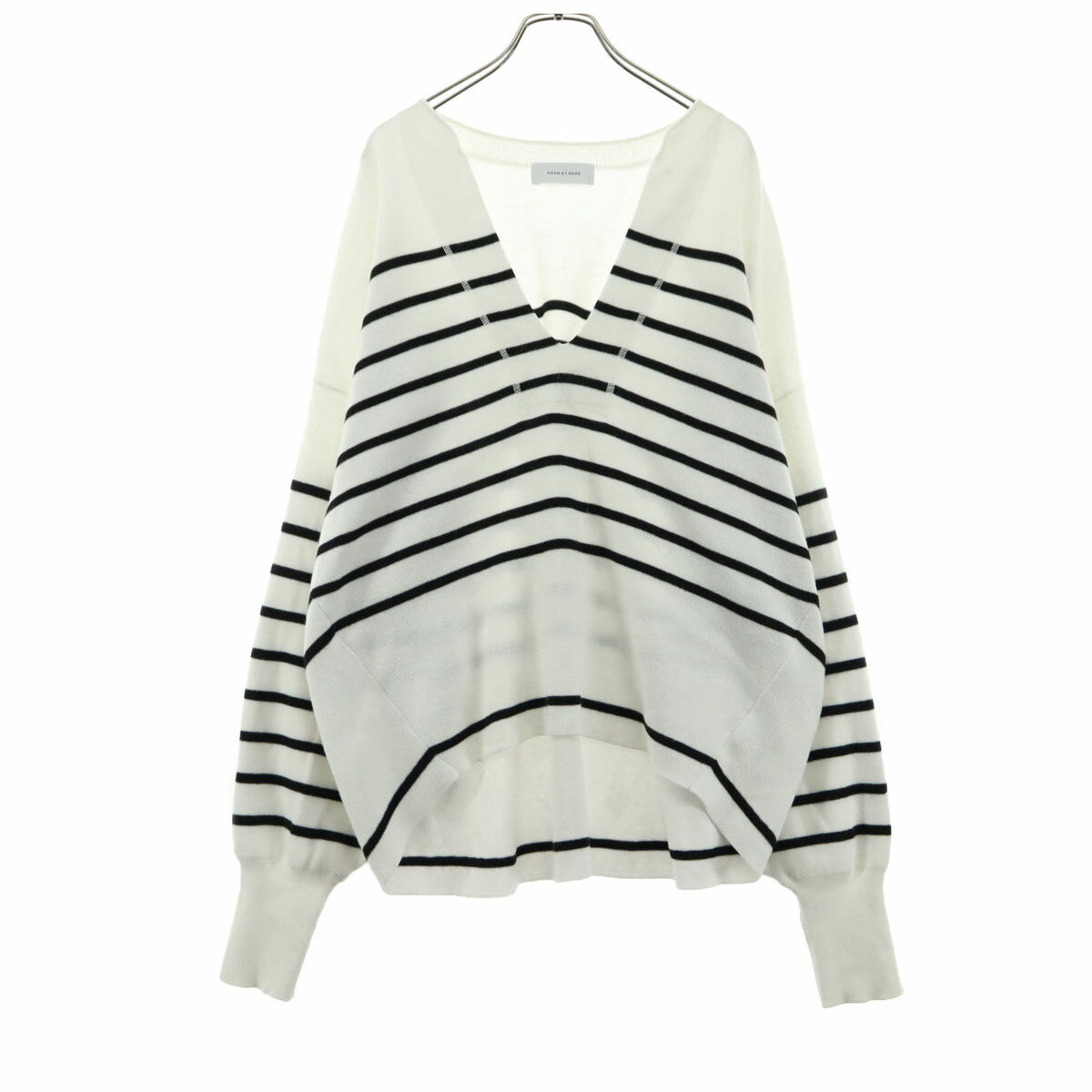 古着 Adam et Rope' アダムエロペ ボーダー柄 長袖 Vネック セーター F ホワイト レディース 【中古】