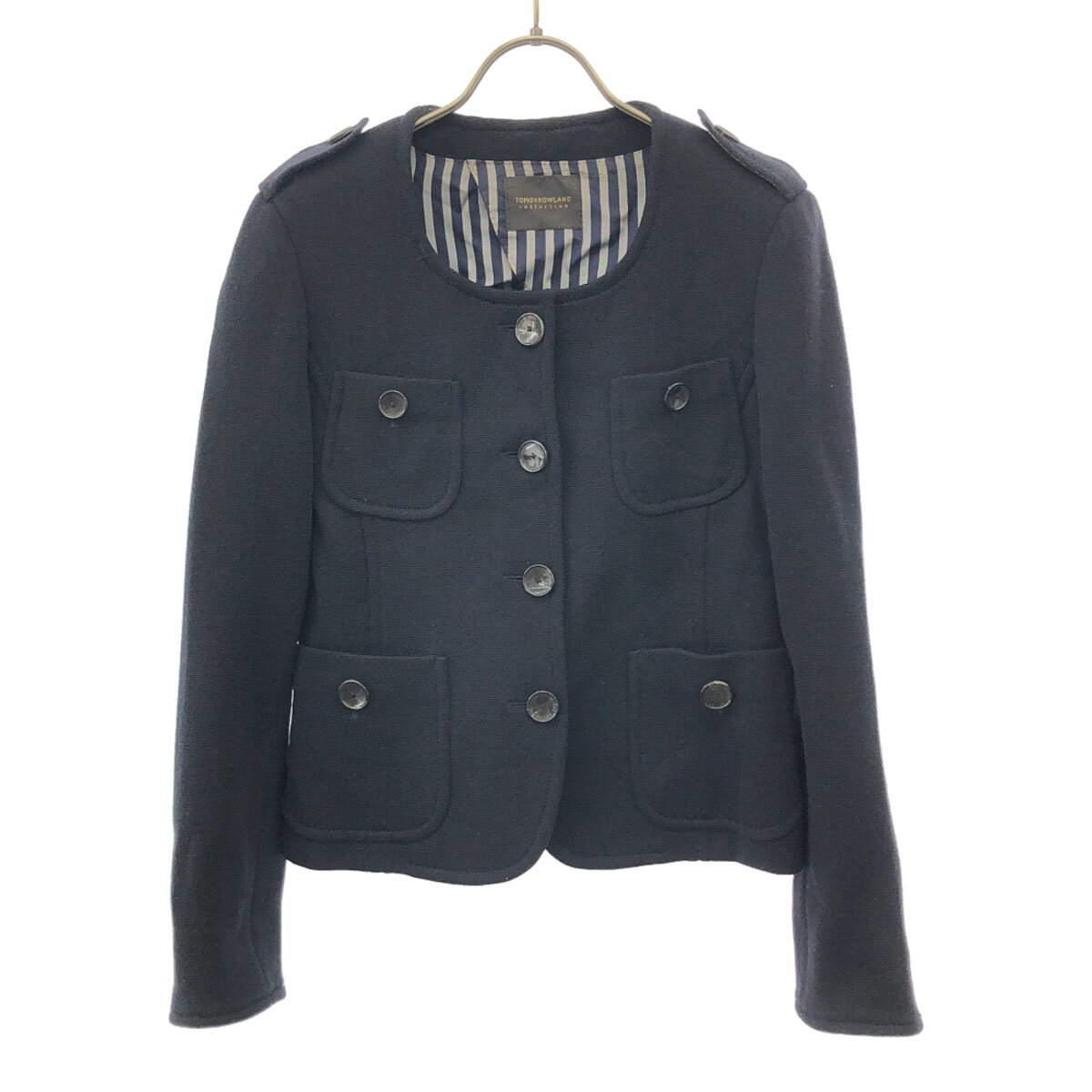 Wool - 古着 TOMORROWLAND トゥモローランド 日本製 ウール ノーカラージャケット 38 ブラック レディース 【中古】 【PD】
