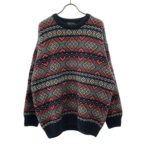 古着 コレクション ハンドレッドクラブ Collection HUNDRED CLUB 90s イタリア製 ウールブレンド オールド 総柄 長袖 クルーネック セーター M ネイビー系 ニット メンズ 【中古】