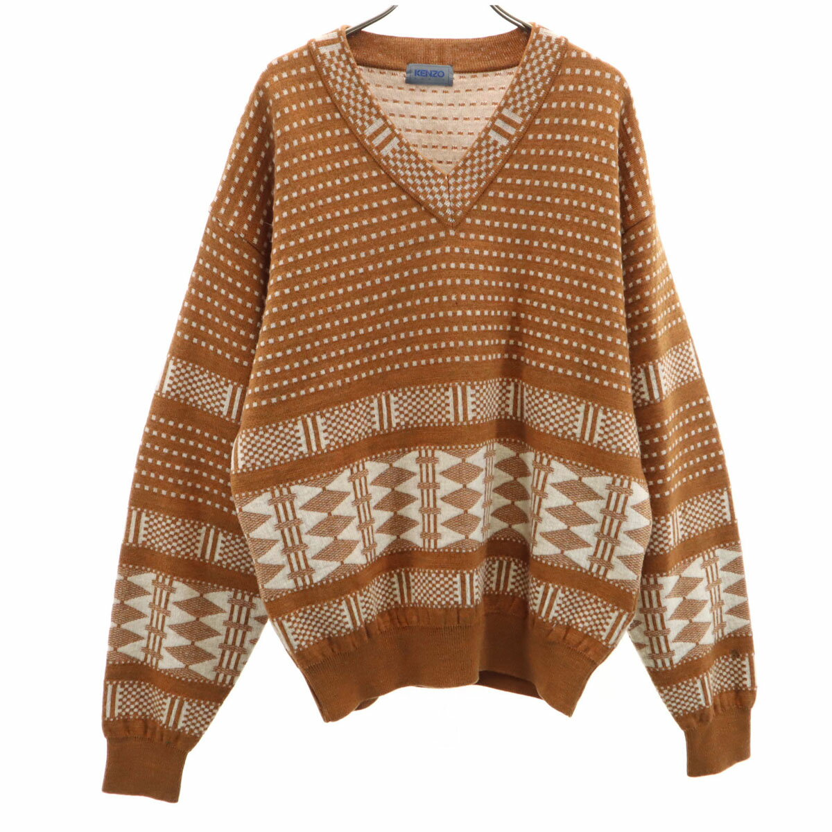 古着 KENZO ケンゾー 90s 日本製 ウール オールド 総柄 長袖 Vネック セーター 3 キャメル ニット メンズ 【中古】(4)