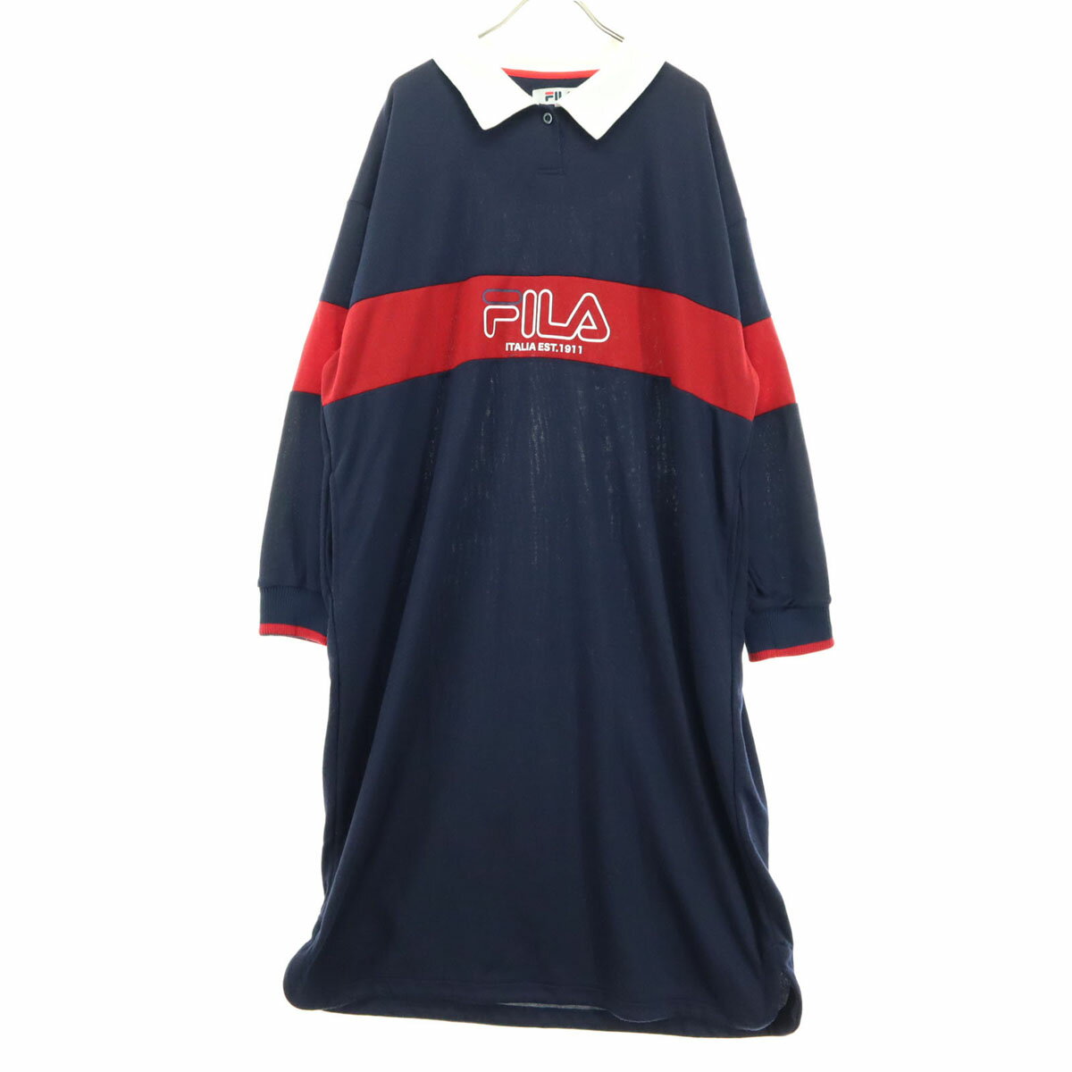 古着 美品 FILA フィラ 長袖 ミモレ丈 ポロ ワンピース 3L ネイビー レディース 【中古】