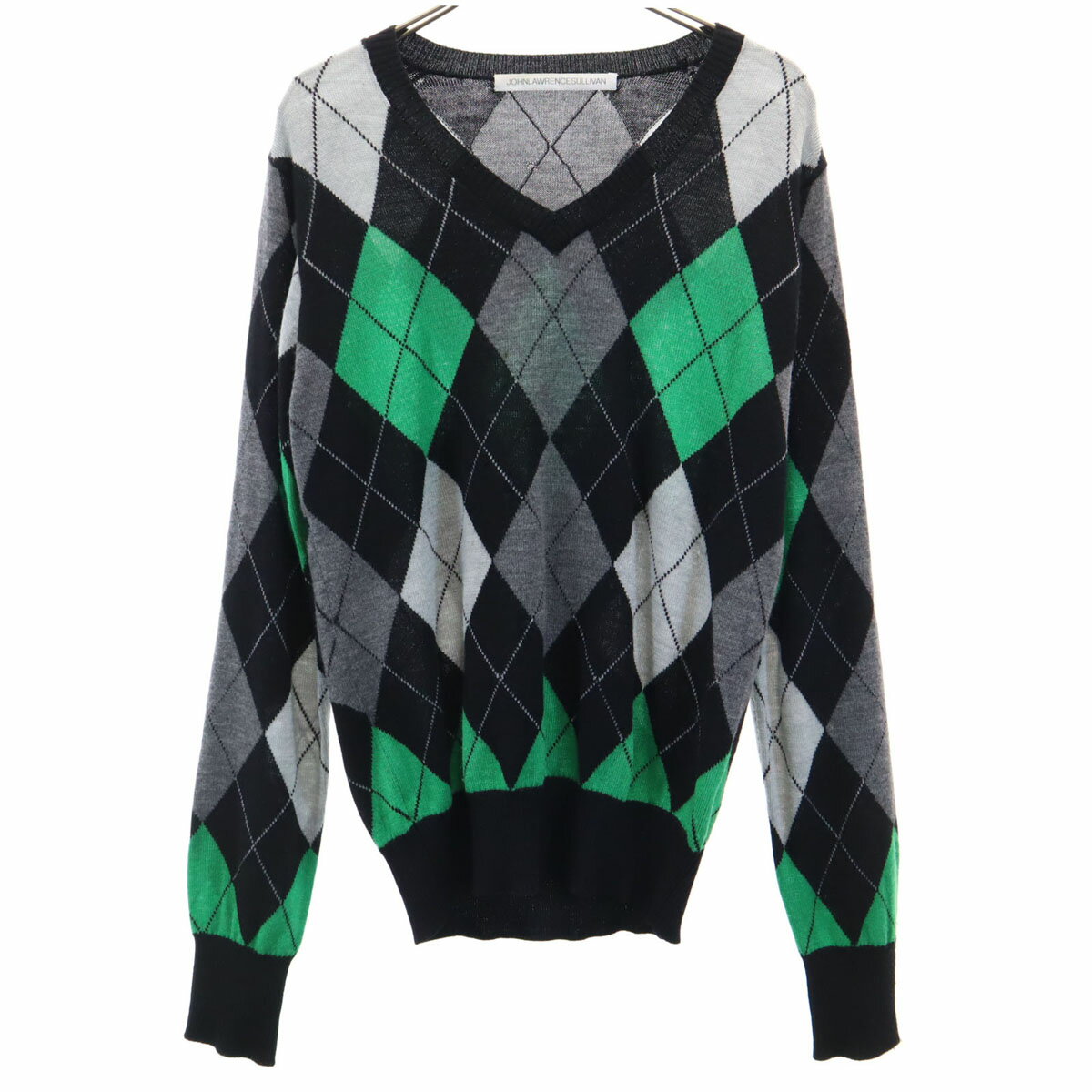 古着 JOHN LAWRENCE SULLIVAN ジョンローレンスサリバン ウールブレンド 長袖 Vネック アーガイル セーター 36 グレー ニット メンズ...