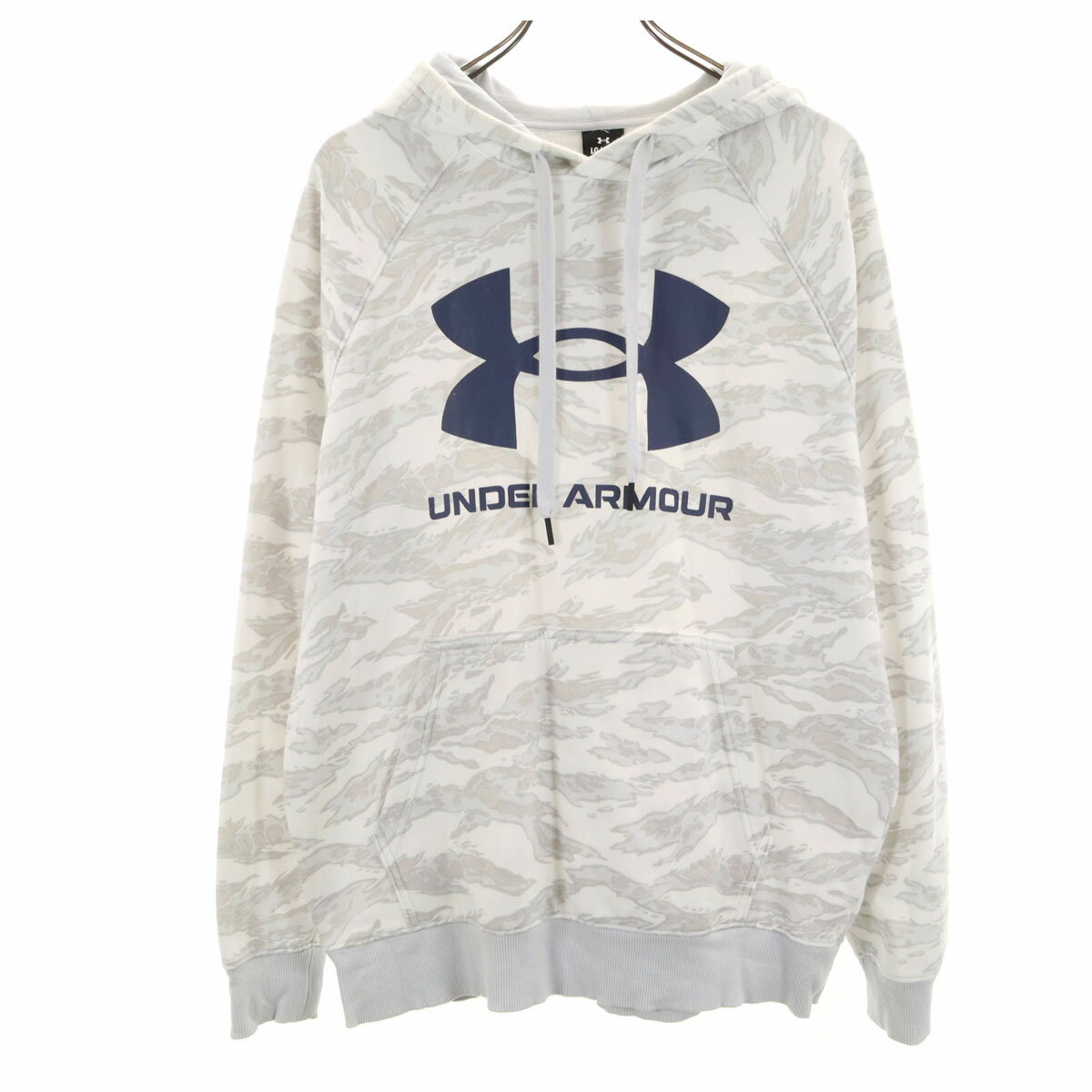 古着 UNDER ARMOUR アンダーアーマー カモフラ ロゴプリント 長袖 スウェットパーカー L ホワイト系 裏起毛 メンズ 【中古】