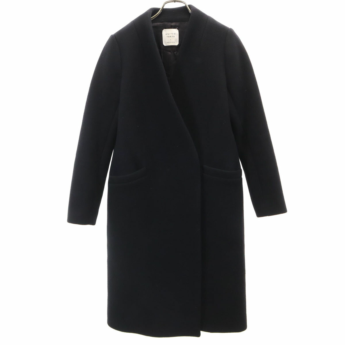 古着 UNITED TOKYO ユナイテッドトーキョー 日本製 ウール100% Vネック ロングコート 1 ブラック レディース 【中古】
